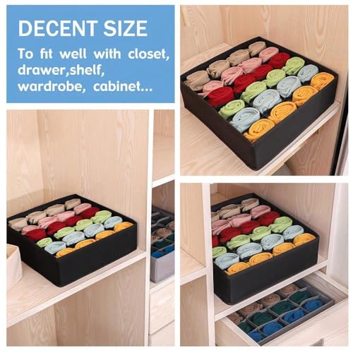 Socks Underwear Storage Box - 24 - Grid Foldable Drawer Organizer for Closet Space Saving, Black