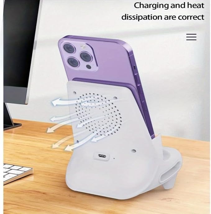 Wireless Charger with Speaker Desktop Phone Holder Stand for iPhone 17-12 Pro Max Samsung S25 S24 Xiaomi Smart Charging Station (White)