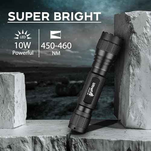 ULTRAFIRE Blue Light Flashlight, 450-460nm Single Mode Blue Led Flashlight, 10W High Power Small Portable Blue Light for Night Fishing and Outdoor Activities-Black House WF-501BL PRO