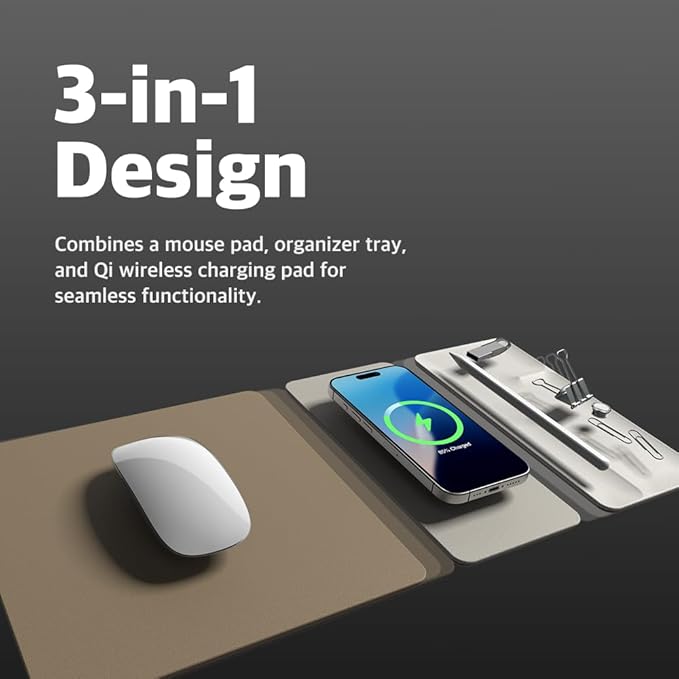 POUT H3 SplitMax 3-in-1 Wireless Charging Mouse Pad – Fast Qi Charger Mousepad Mat and Magnetic Tray Organizer – Compatible with Smartphones and Earbuds (Palette Cream)