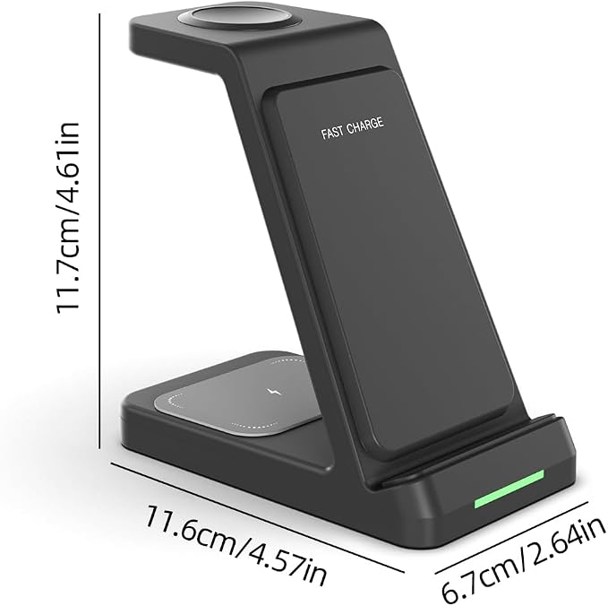 Black 3-in-1 Wireless Charging Dock Fast Charger Stand for Phone Watch Earbuds Type-C Desktop Charger