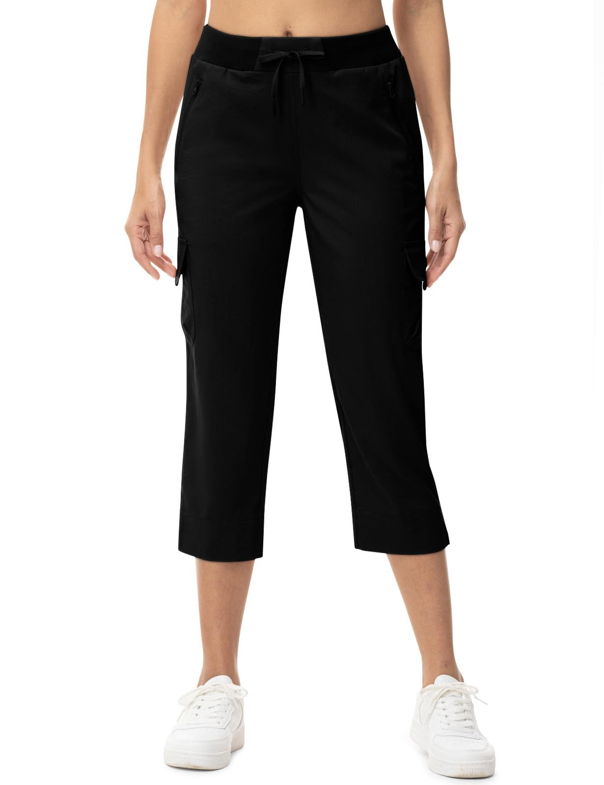 TBMPOY Women's Capri Pants Lightweight Quick Dry Hiking Cargo Pockets Casual Water Resistant Travel Cropped Cotton Black XL