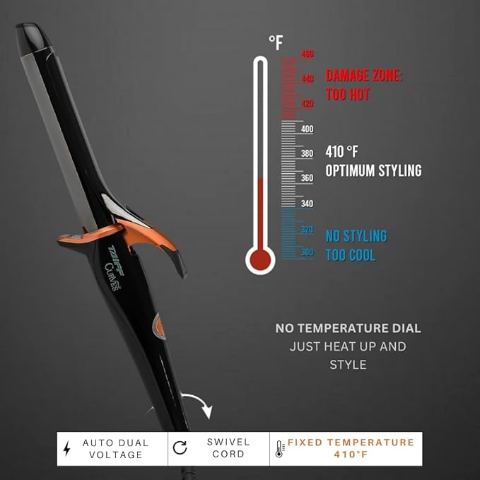 TAIFF Curves Professional Black Titanium Curling Iron – High-Performance Hair Curler & Rizadora para Cabello with Dual Voltage | Fixed Temperature 410°F | 1”