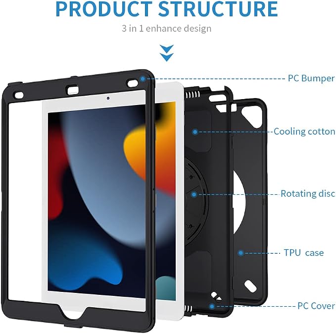 Case for iPad Pro 12.9 2021 5th Generation Shockproof 3-in-1 Protection Screen Protector Strap for Horizontal/Vertical use Kickstand 360 Rotation and Pencil Holder