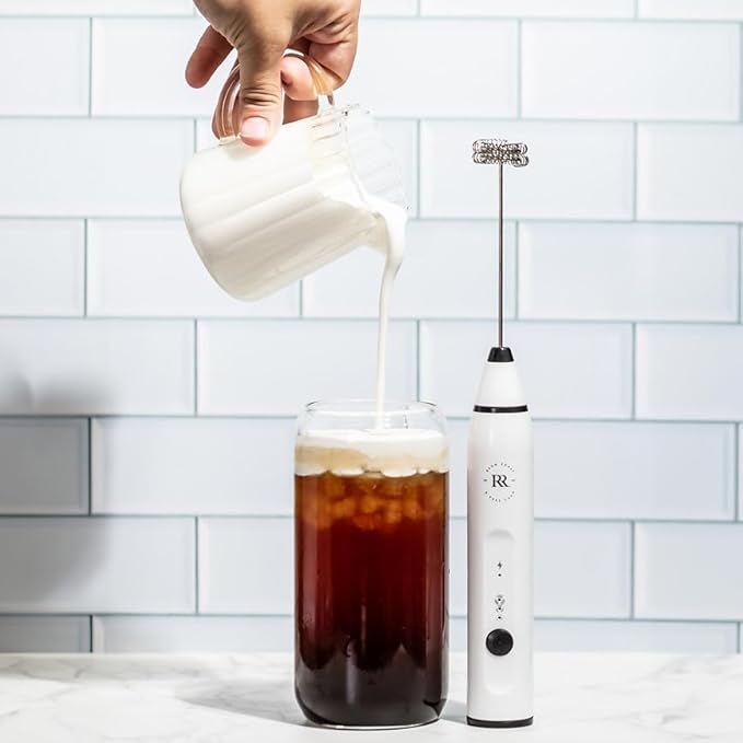RAHM ROAST Frother Handheld - Powerful Coffee Frother Wand Rechargeable, Ultra Fast Milk Frother Handheld, Electric Whisk Drink Mixer with Stainless Steel for Coffee, Lattes, Matcha | White