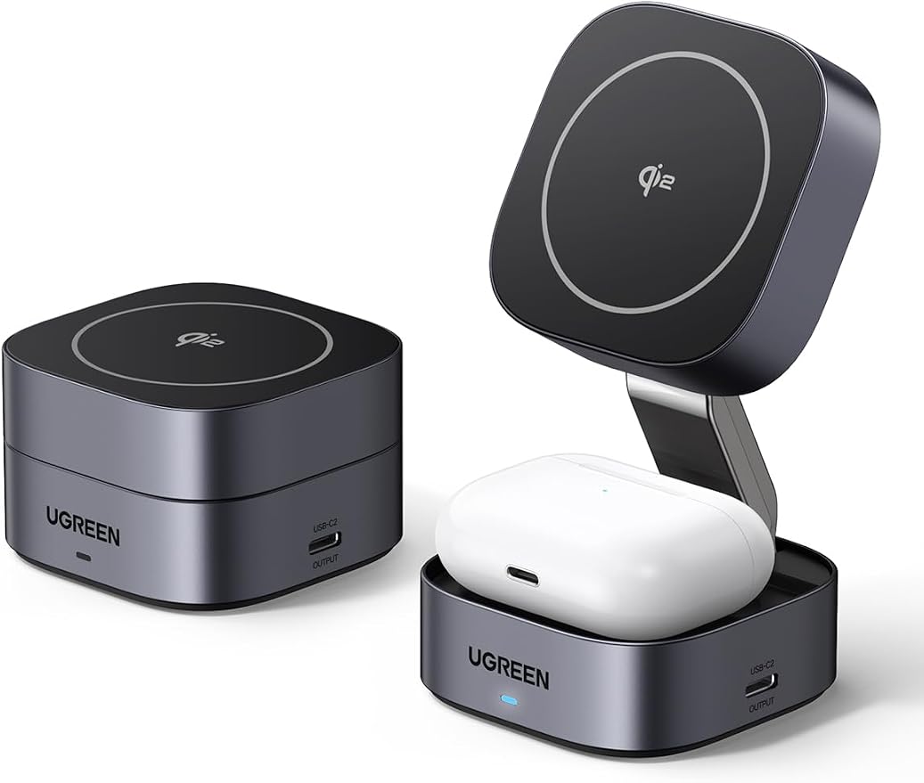 UGREEN MagFlow Qi2 15W 2-in-1 Foldable Wireless Charging Station | Foldable Travel Design Adjustable Viewing Wireless Charger for iPhone 12-17 Series and AirPods Adapter Not Included