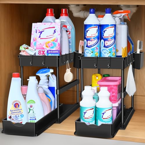 JPart Under Sink Organizer, Kitchen Organizers and Storage, 2-Tier Bathroom Cabinet Organizer with Sliding Drawers, Thickened Construction with Hooks Hanging Cup for Kitchen & Bathroom, 2 Pack