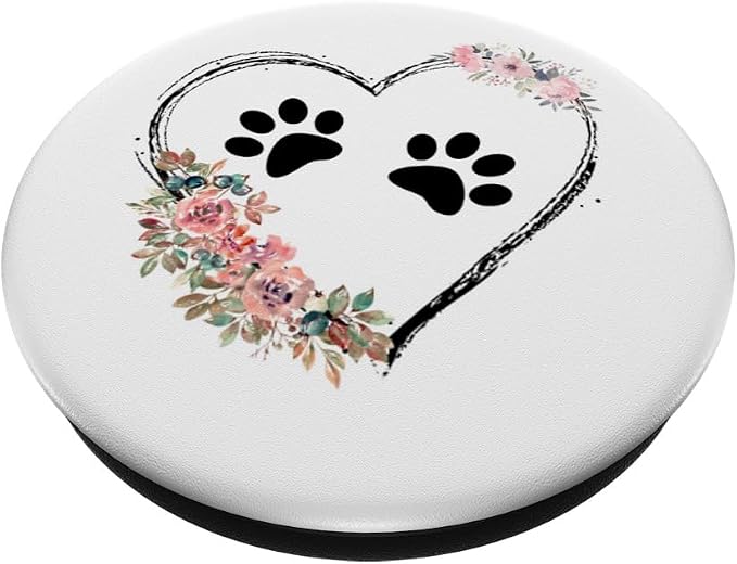 Dog Heart with Paw Prints and Flowers On White PopSockets Adhesive PopGrip