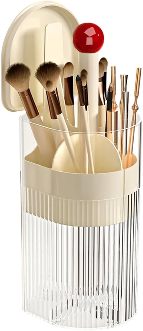 Makeup Brush Holder with Lid, One-Hand Press Open/Close Mechanism Cosmetic Tools Organizer, Clear Waterproof Dustproof Make Up Storage for Vanity, Bathroom Countertop-Cream-Red Ball