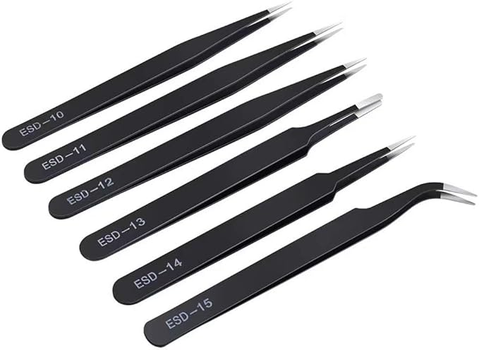 6PCS Precision Tweezers Set, Upgraded Anti-Static Stainless Steel Curved of Tweezers, for Electronics, Laboratory Work, Jewelry-Making, Craft, Soldering, etc, by kaverme.