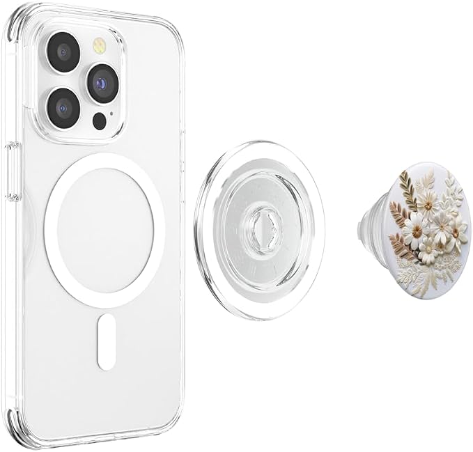 Beige Floral Flower Pattern On White Background PopSockets PopGrip for MagSafe
