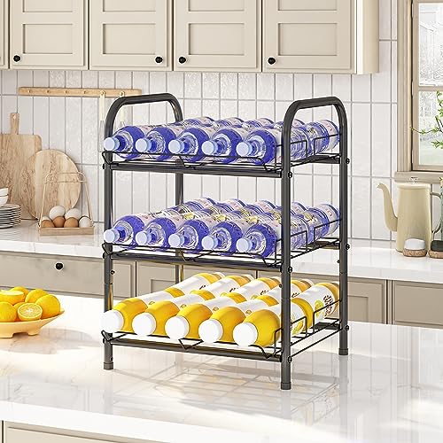 GILLAS 3 5 6 7 8 Tier Water Bottle Storage, Metal Beverage Can Rack,Large Capacity Bottled Rack Water Bottle Holder Stand for Cabinet, Countertop Kitchen, Party, Black - size: 3 Tier Without Wooden Top