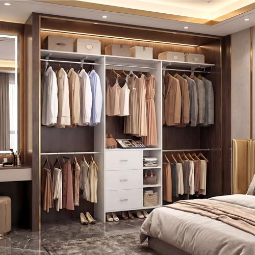 Aheaplus Closet System, Closet Organizer with 3 Wooden Drawers, 8FT Closet Organizer System, 96’’ Walk-in Closet Wardrobe Clothes Rack with Hanging Rods, Garment Rack, Fits 5.3-9 ft, -W3,White - color: White