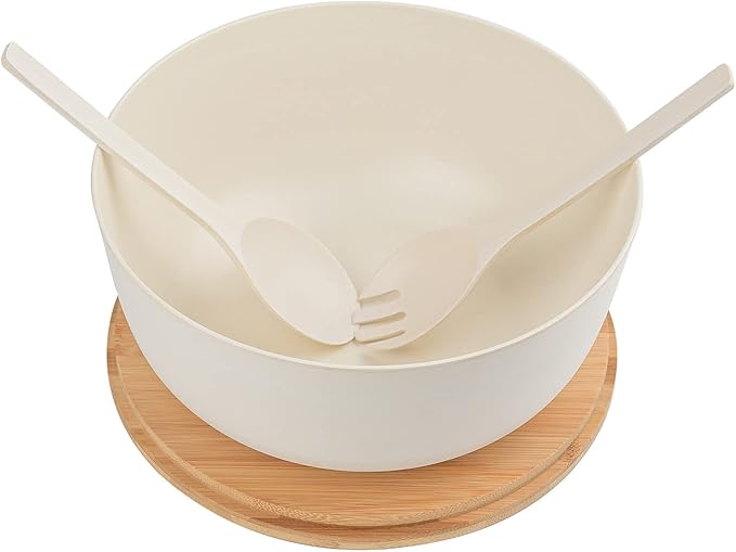 Bamboo Fiber Salad Bowl with Servers Set Large 9.8inches Nature Bamboo Mixing Bowl with Servers with Lid Spoon and Fork for Fruits,Salads and Vegetables