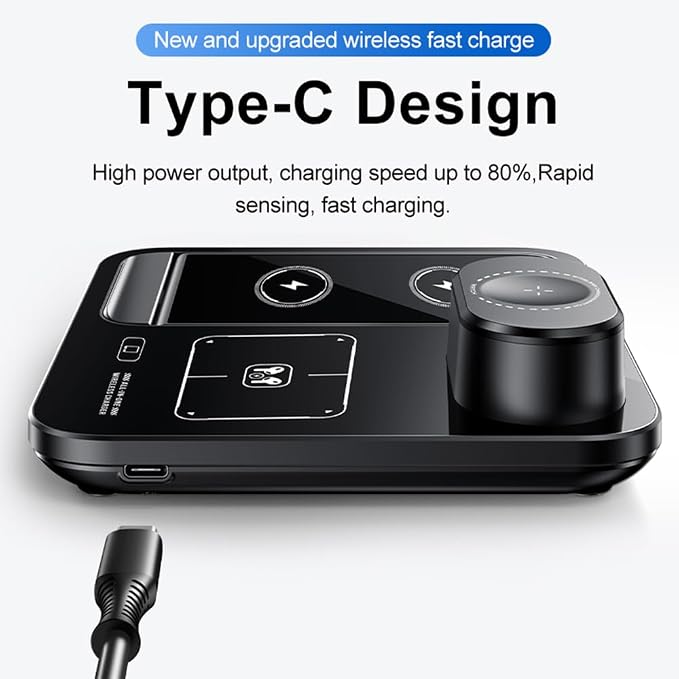 IHAO 3in1 Multifunctional Foldable Wireless Charging Station with LED Ambient Night Light Fast QC3.0 Charger for Phone iWatch Headphone Space-Saving Auto-Shutoff &amp Overcharge Protection-Black