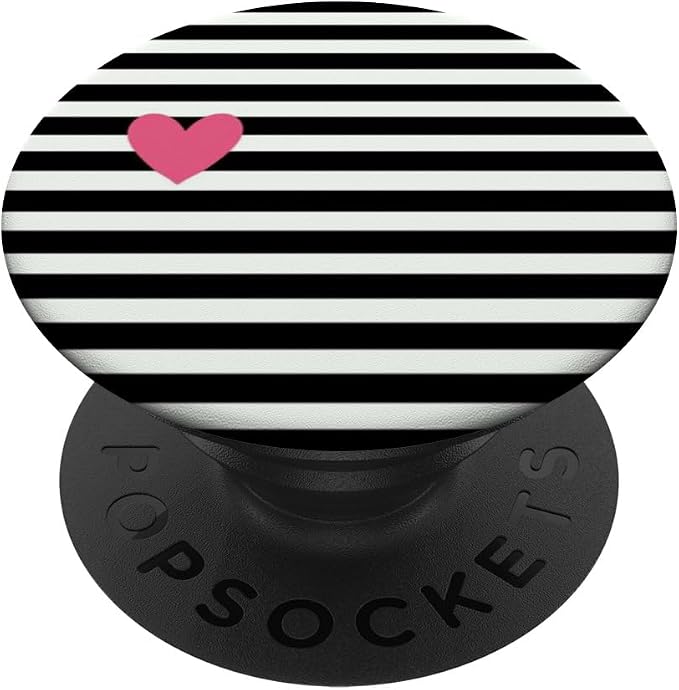Black and White Stripes Cute Pink Heart PopSockets Adhesive PopGrip