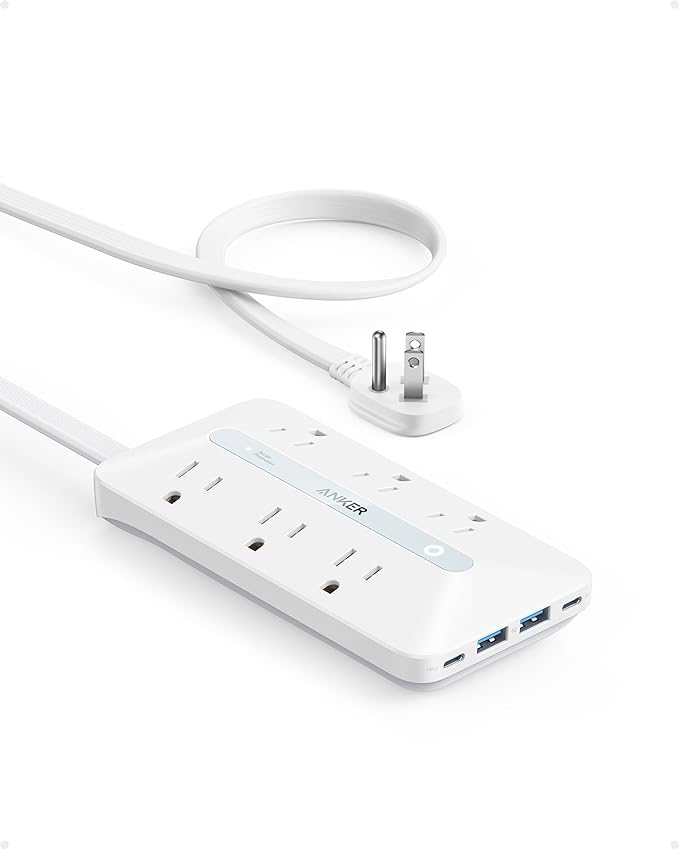 Anker Power Strip with 300J Surge Protector, Flat Plug Extension Cord with Multiple Outlets, 6 AC, 2 USB A & 2 USB C Ports for 20W, 10ft Outlet Extender, Dorm Room Essentials, Home Office
