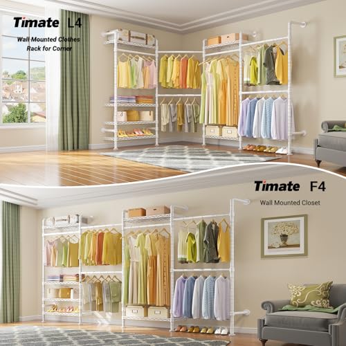 Timate F4 Wall Mounted Clothes Rack Industrial Pipe Clothing Rack for Hanging Clothes, Expandable Garment Rack Heavy Duty Wardrobe Closet Organizer and Storage, Adjustable Industrial Closet Kit, White - color: White