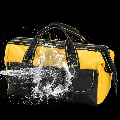 3 Pack 13 Inch Tool Bag, Wide Mouth Tool Tote Bag with Waterproof Base, Heavy Duty Tool Storage Bag Organizer for Various Tools, 5 Pockets, Blue, Yellow, Red