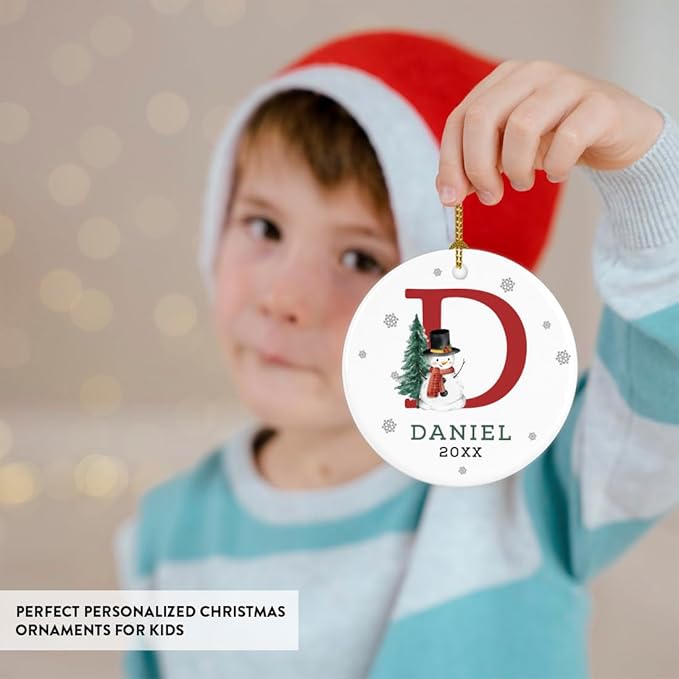 Andaz Press Personalized Ornament, Custom Name, Initial D Monogram Snowman 2.8" Ceramic Porcelain 2025 Christmas Ornament Keepsake for Kids, Boys, Girls, Includes Gold Ribbon & Gift Box, 1-Pack