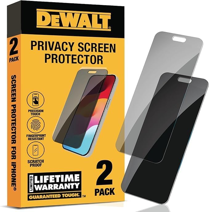 DEWALT Heavy Duty 2Pack Privacy Screen Protector for iPhone 13 Pro Max/14 Plus Sensor Protection Dynamic Island Compatible AntiSpy Tempered Glass [9H Hardness] Case Friendly High Response HD Quality