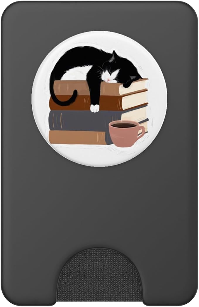 Black Cat Reading Coffee Illustration Print PopSockets Adhesive PopGrip
