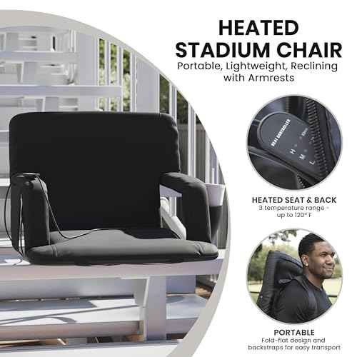 Flash Furniture Malta Extra Wide Heated Stadium Seat with Back Support, 6 Recline Positions, Portable Chair with Backpack Straps, USB Battery Pack Not Included, Black