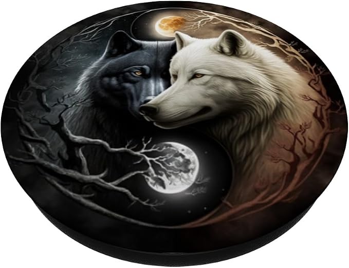 Cool Yin and Yang White and Black Wolf Wolves Lover Gift PopSockets Adhesive PopGrip