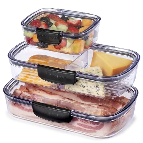 Progressive Prokeeper + Deli Storage Set: Air-Tight Silicone Sealed Containers w Grooved Bottom, Dry Erase Lid, BPA-Free, Stackable, Keeps Meats & Cheeses Fresh Longer, 3-Piece Set (1.65L, .69L, 1.6L)