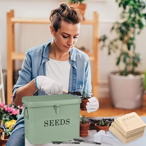 Seed Storage Organizer, T-Shape Compartment Seed Box with Safety Lock, Metal Seed Saving Box, Portable Seed Bin Container with Handle, Including 2 Pens 20 Plant Labels 50 Seed Envelopes-Green - color: Tall-Green