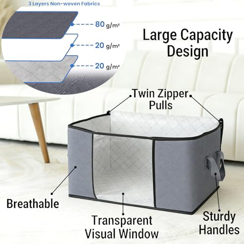 90L Grey Storage Bags with Lids, Zipper & Clear Window, 3-Pack Foldable Large Closet Organizers for Clothes, Comforters, Under Bed - size: 3 x 90L
