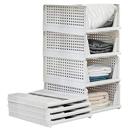 Folding Wardrobe Storage Box 4-Pack Plastic Drawer Organizer Stackable Shelf Baskets Cloth Closet Containers Bin Cubes,Home Office Bedroom Laundry Fold Pull Out Dividers for Clothes,Toys White