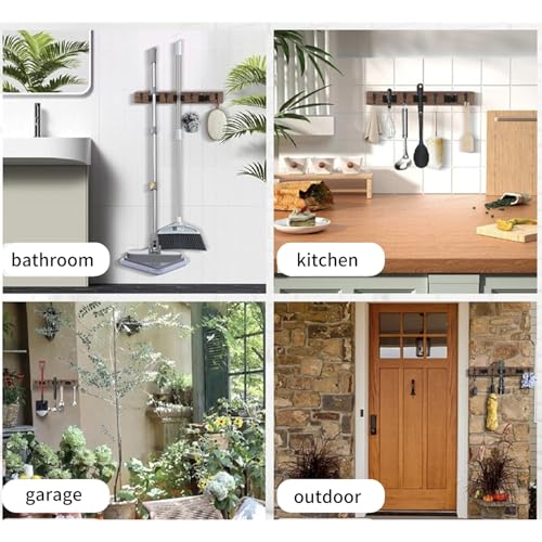 Mop and Broom Holder Wall Mount, Rustic Wood Broom Hanger with 4 Slots and Hooks for Home Décor, Kitchen and Closet, Broom and Mop Organizer Wall Hanging for Garage storage & organization