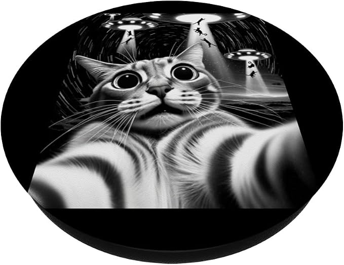 Cat UFO Invasion | Funny Cat Meme Retro Alien Cat UFO Selfie PopSockets Adhesive PopGrip