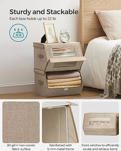 SONGMICS Stackable Storage Bins Set of 2, Storage Boxes with Lids and Front Windows, Non-Woven Fabric Closet Organizers with Magnetic Closures, Side Handles, Sand Beige URLB002Y01 - color: Sand Beige