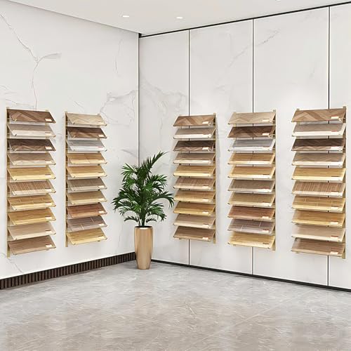 Wall Mounted Floor Tile Storage Rack, 10-Layer Porcelain Sample Display Stand, 55.1in/140cm High Multi Row Ceramic Stone Show Shelf, Card Slot Depth 8.1in/20.5cm (Gold) - color: Gold