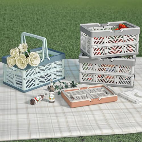 20L Plastic Collapsible Storage Crate - Foldable Handle Crate Storage Basket Bin - White & Gray M - color: Grey