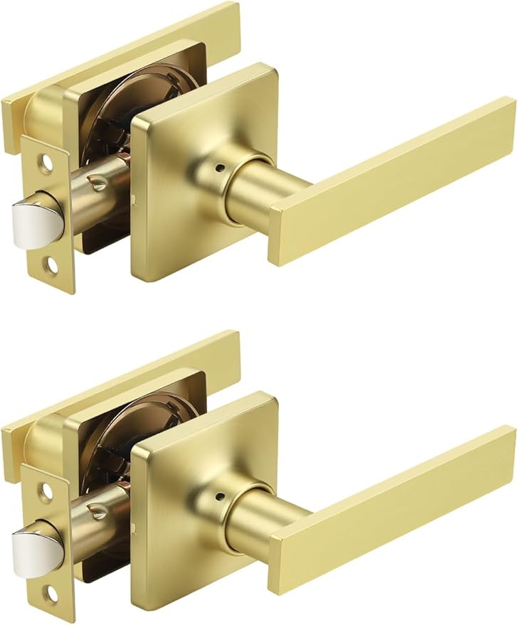 Mengico 2 Pack Passage Door Levers Gold Finish, No-Locking Keyless Square Door Knob, Interior Door Handles for Closet and Hallway, Reversible for Left & Right Handed