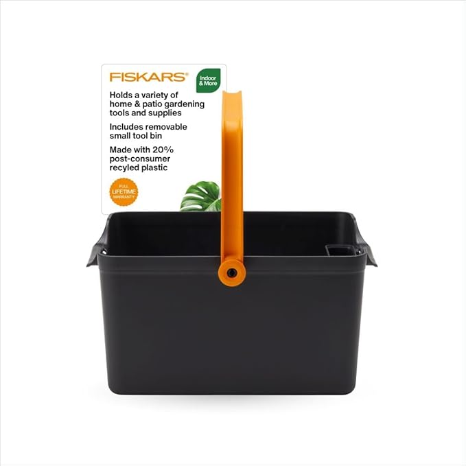 Fiskars Garden Tool Caddy, Portable Storage Organizer with Removable Bin for Snips & Pruners, Durable Recycled Resin Carrier for Indoor & Outdoor Gardening, Locking Handle & Wall Mount