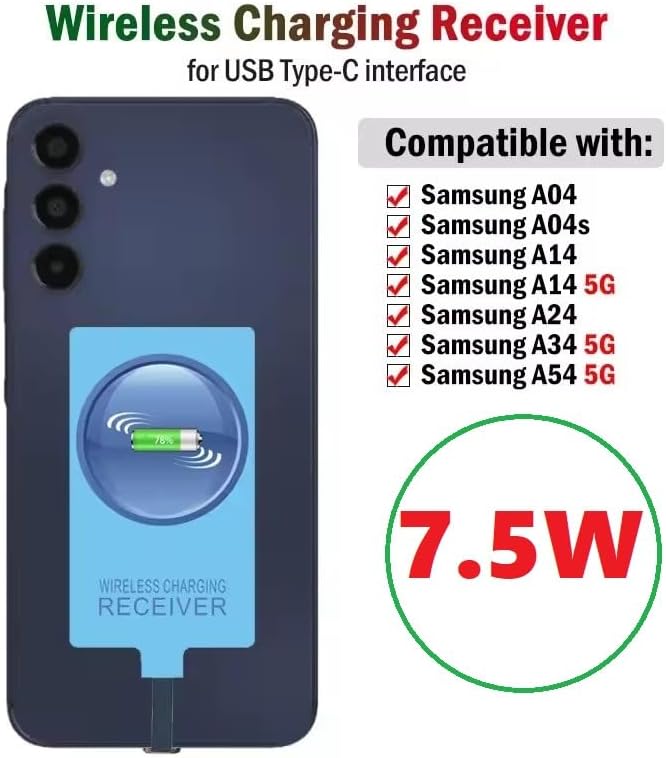 External Type-C Wireless Charging Adapter Receiver for Samsung Galaxy A14 A24 A34 A04 A54 with Stand Folding Charger