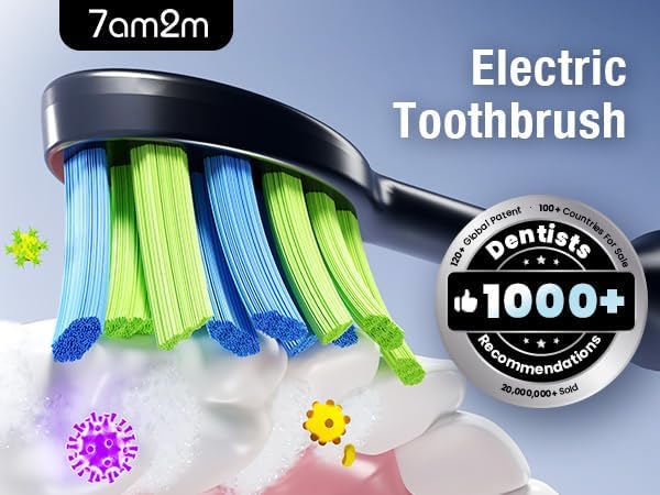7AM2M Ultrasonic Electric Toothbrush with 6 Brush Heads for Adults&Kids, Type C Rechargeable, One Charge for 120 Days, 5 Modes&40000VPM Powered Toothbrush, 2 Minutes Built in Smart Timer (Black)