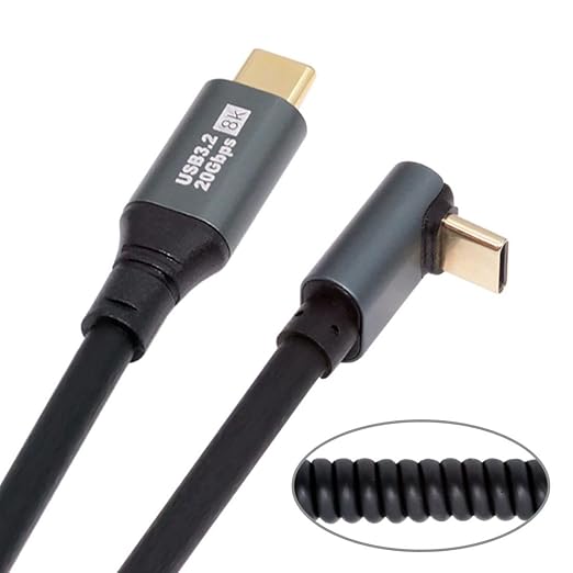 chenyang USB C to C Coiled Cable USB 3.2 Type C 90 Degree UP Angled 20Gbps PD 100W 8K@60Hz Data Fast Charging Cable 6ft