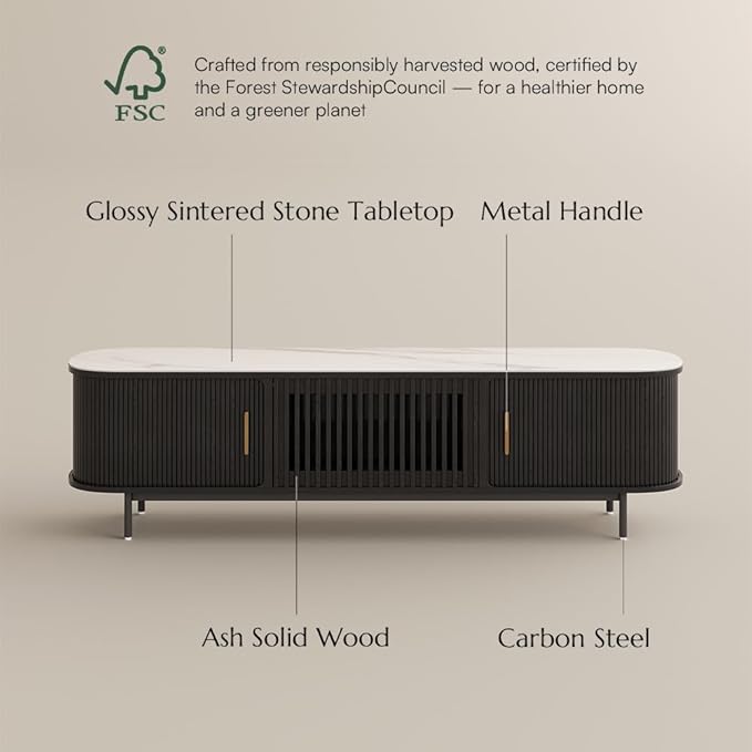 POVISON Sliding Tambour Door TV Stand, Mid Century Modern Sintered Stone TV Console, Wood Media Console for 70 Inch TV, Entertainment Center with Storage Cabinet, Fully-Assembled (Black, 70.87")
