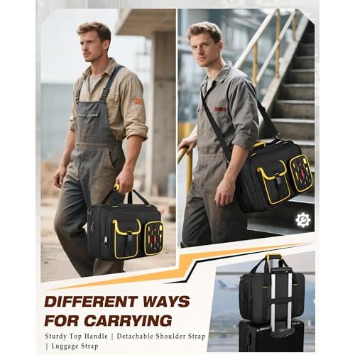 Electrician Tool Bag with Laptop Sleeve, Tool Tote with Multiple Pockets for Technicians, Black