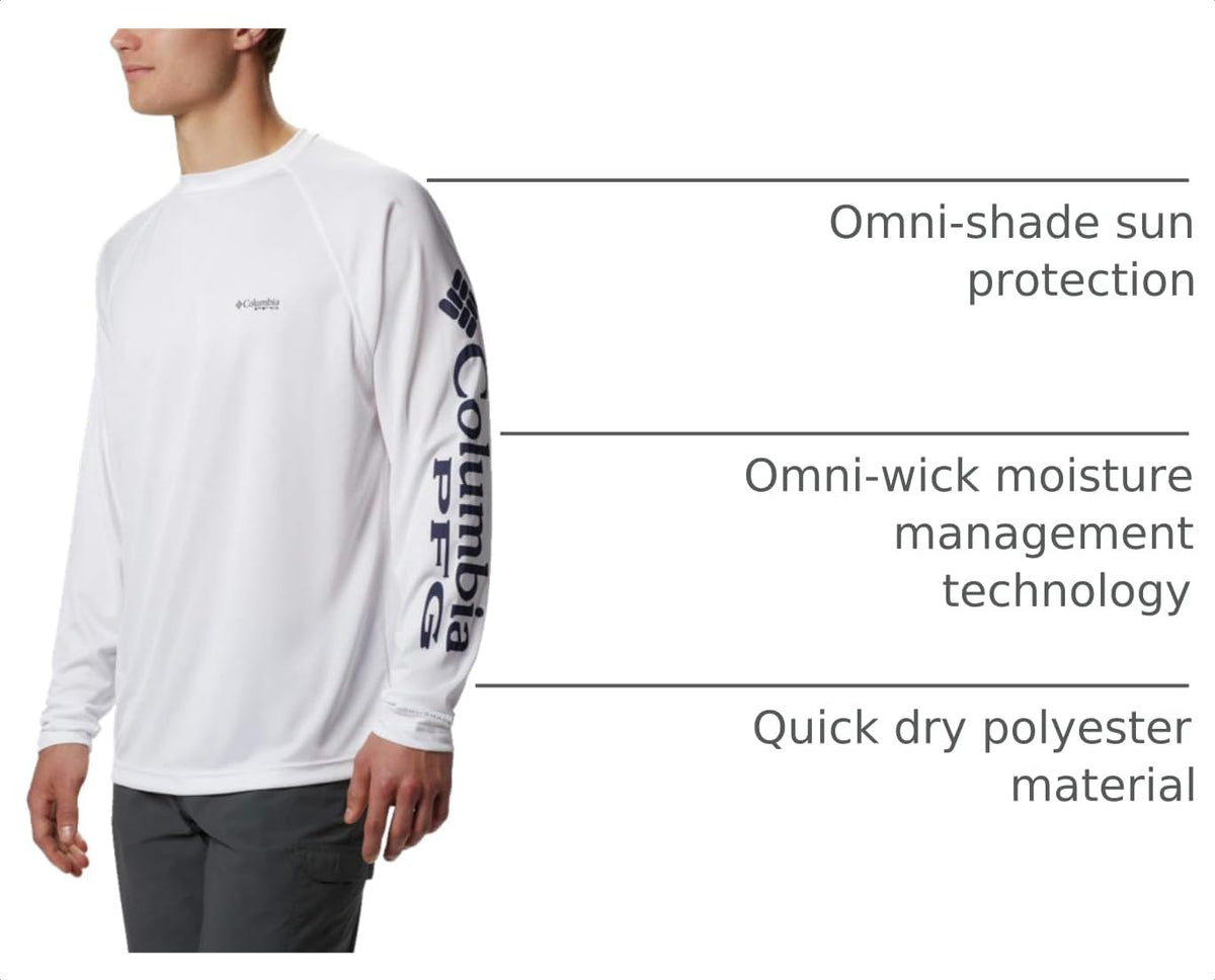 Columbia Men's PFG Terminal Tackle Long Sleeve Fishing Shirt, White/Nightshade Logo, 5X Tall