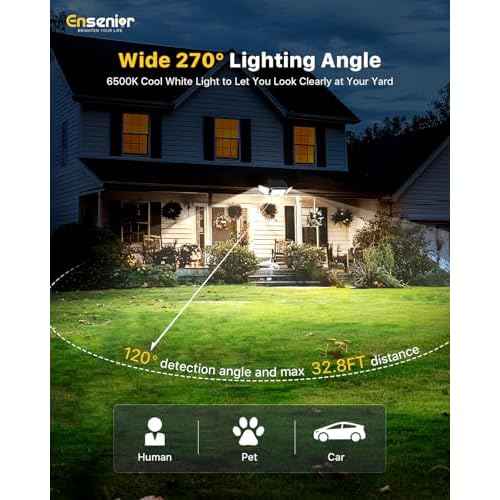 Ensenior Motion Sensor Outdoor Lights, 220 LED IP65 Waterproof Solar Security Light with Remote Control, 3 Heads Solar Flood Light Outdoor with 4 Modes, 270¡Æ Wide Angle Motion Light for Outside -4Pack