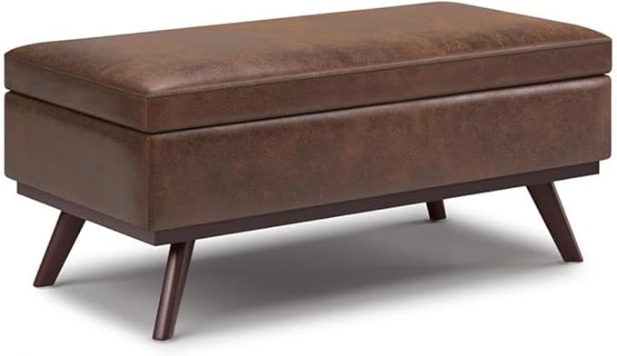 SIMPLIHOME Owen Lift Top Coffee Table Storage Ottoman - 42 inch Wide Upholstered Vegan Leather Rectangular Lift-Top Ottoman in Distressed Chestnut Brown, Mid-Century Modern Ottoman for Living Room