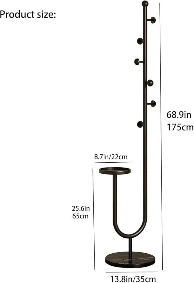 Coat Rack,Metal Free Standing Coat Stand with marble base, Hall Coat Tree with 6 Hooks and Storage Tray,68.9 Inch Tall, for Coats, Hats, Bags, for Entryway, Hallway, Bedroom (black)