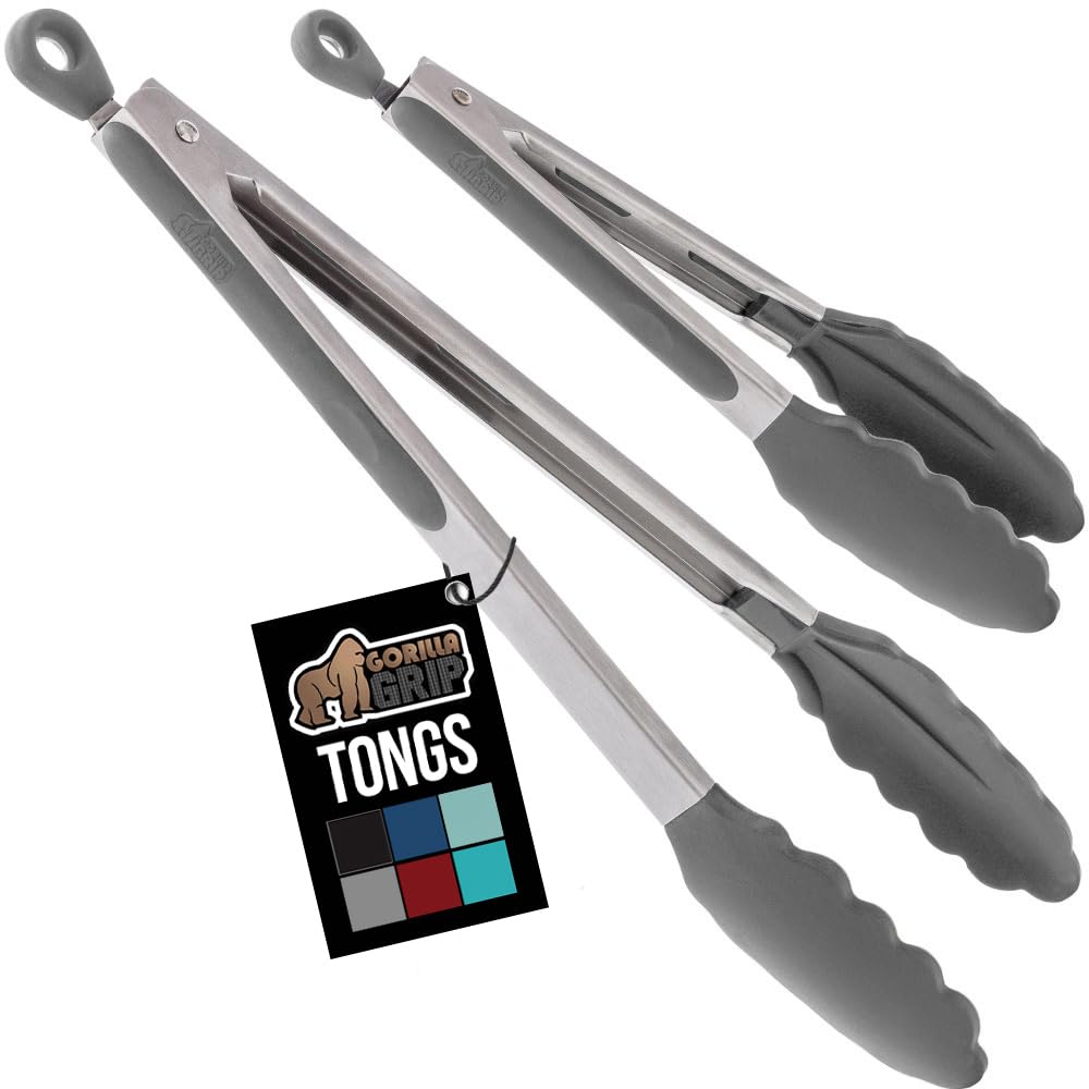 GORILLA GRIP Stainless Steel Kitchen Tongs for Cooking, 2 PK, Turquoise