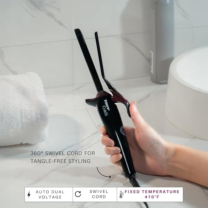 TAIFF Curves Professional Black Titanium Curling Iron – High-Performance Hair Curler & Rizadora para Cabello with Dual Voltage | Fixed Temperature 410°F | 1/2”